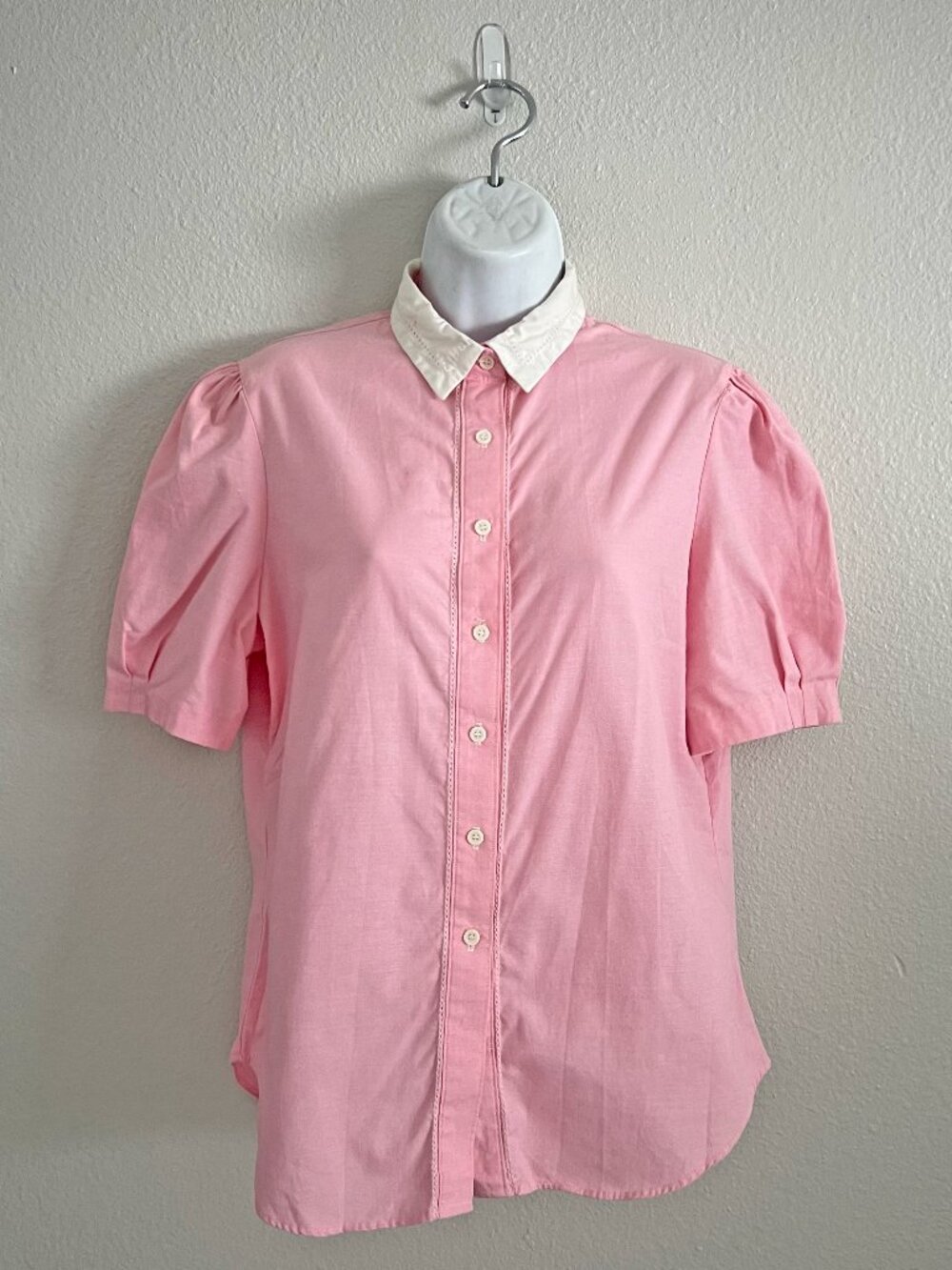 70s Pink Collared Button Up Puff Sleeve Blouse Twee Retro Vintage Cotton Size L